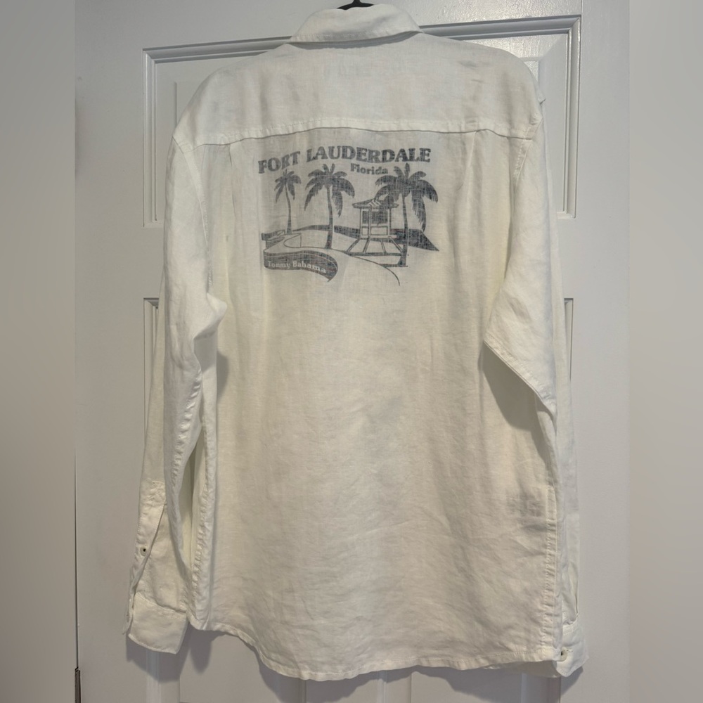 Tommy Bahama Men’s White Linen Shirt, Fort Lauderdale Logo in Back, Medium